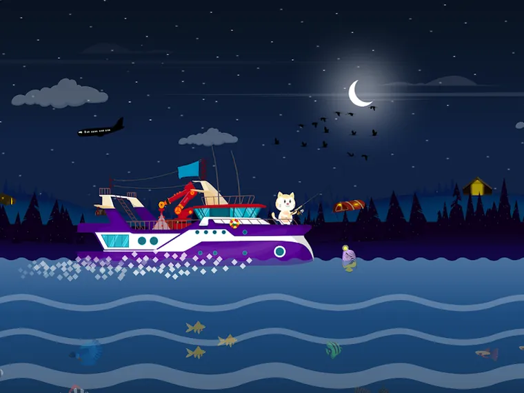 Barco iluminado ao luar com um gato a segurar a cana no Cat Fishing Simulator