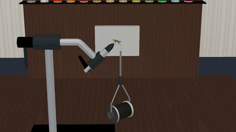 Bancada com torno e bobinas de linha no Fly Tying Simulator